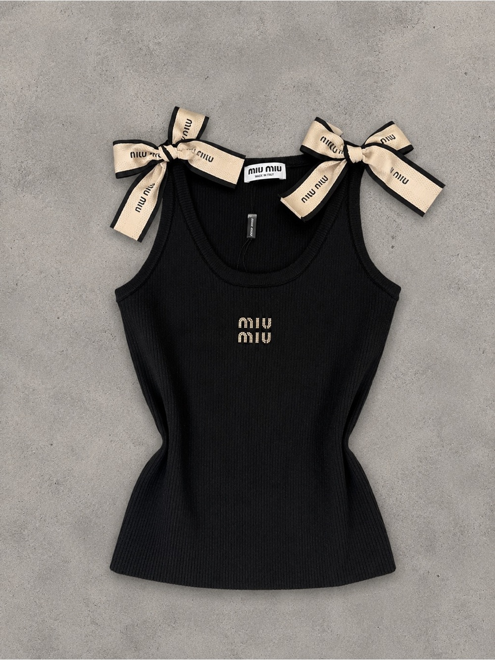 Miu Miu Black Ribbed Tank with Beige Logo Ribbon Shoulder Ties